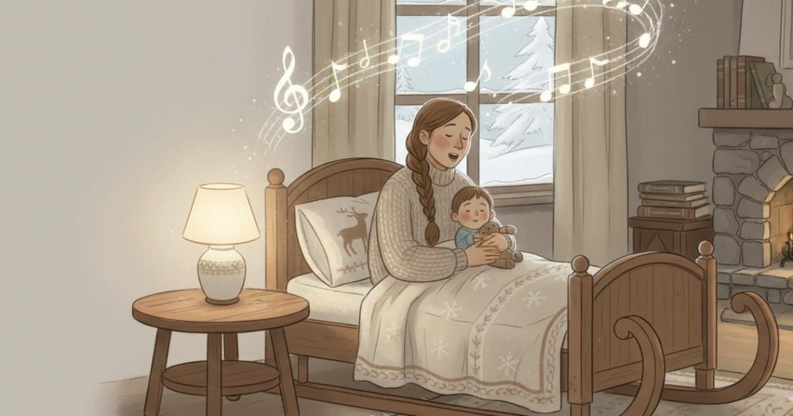 Forælder synger en rolig børnesang for sit barn ved sengetid i en hyggelig putterutine med varmt lys og tryg stemning.